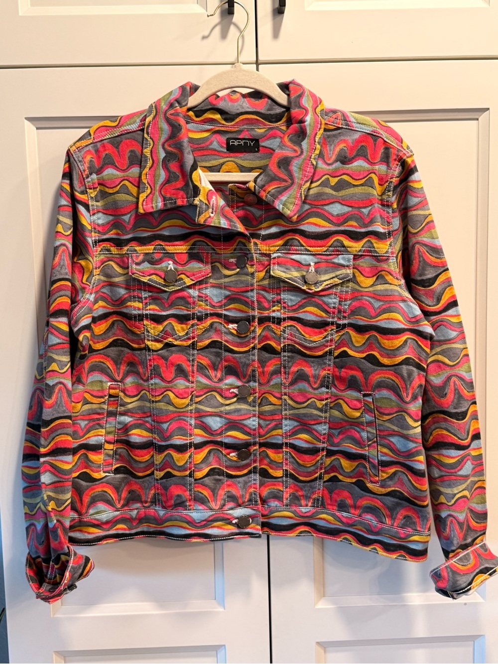 Multicolor Wave-Print Denim Jacket - Pink/Yellow/Blue